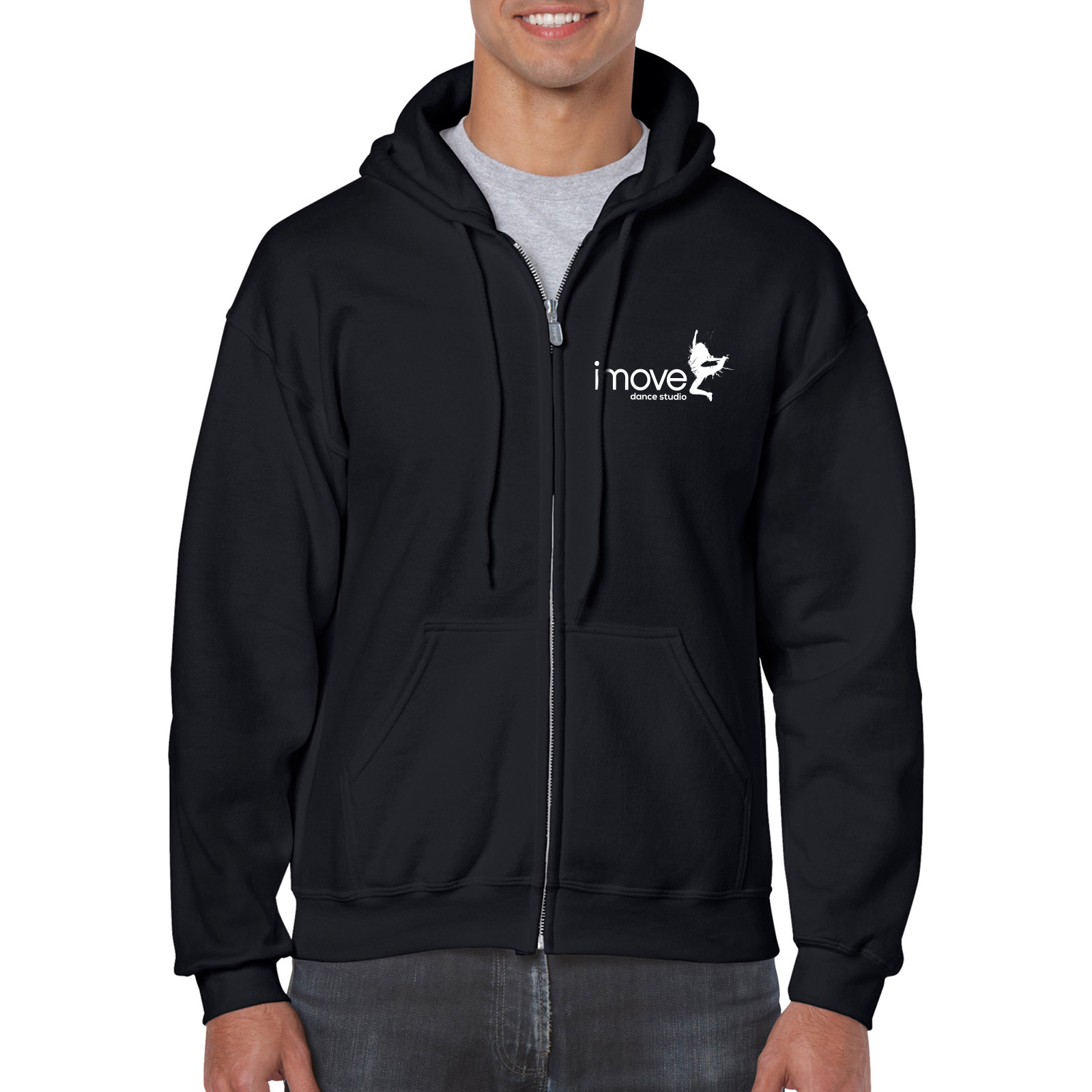 Zwarte Hoodie geritst met witte logo Dance studio imove Mooie zwarte trui met capuchon. Logo op voorkant en